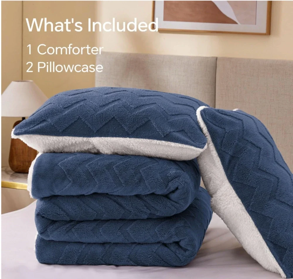 BEDELITE Fluffy Queen Comforter Set - Super Soft Sherpa Navy Comforter *NEW*